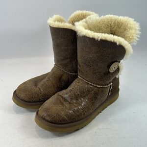 Ugg Bailey Button Krinkle Leather Boots Women's 7 Brown Chestnut Sherpa Lined